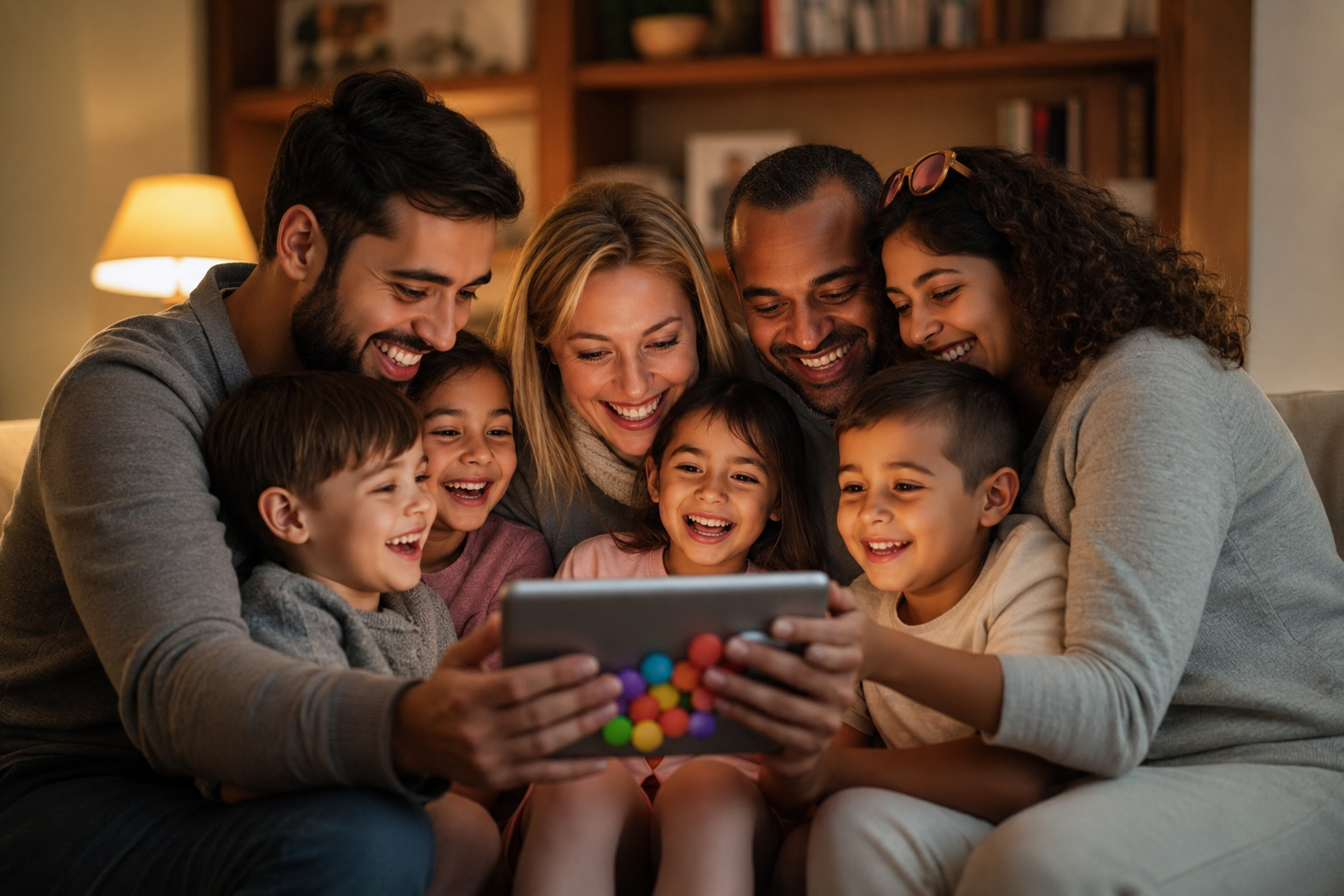 Happy family engaged together with Bible Quest on a tablet