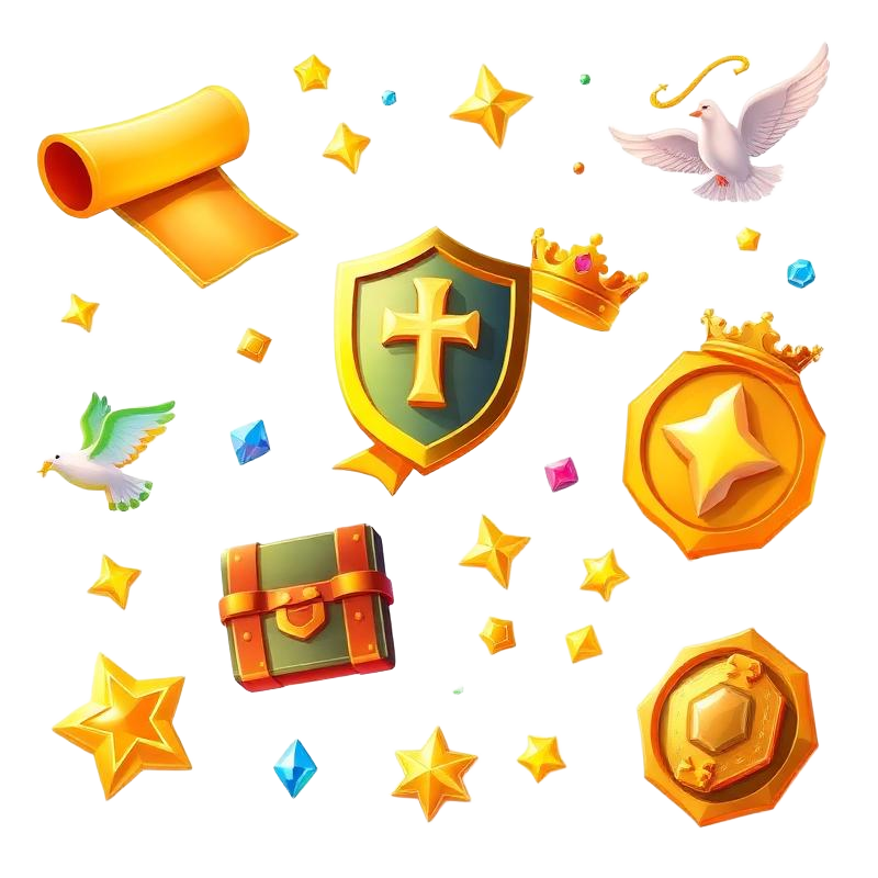 Bible Quest game elements - scrolls, shields, crowns, and treasures